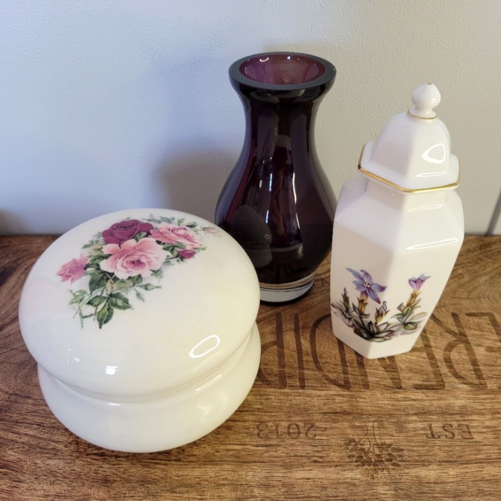 Vintage Decor Bundle Porcelain Trinket Box Porcelain Jar Purple Glass Vase